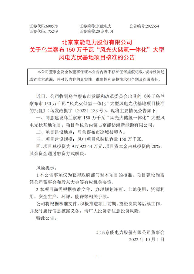京能電力150萬千瓦“風(fēng)光火儲氫”基地獲批！