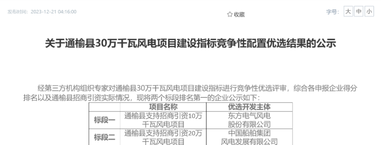 中船風(fēng)電、東方風(fēng)電獲風(fēng)電項目競配指標(biāo)
